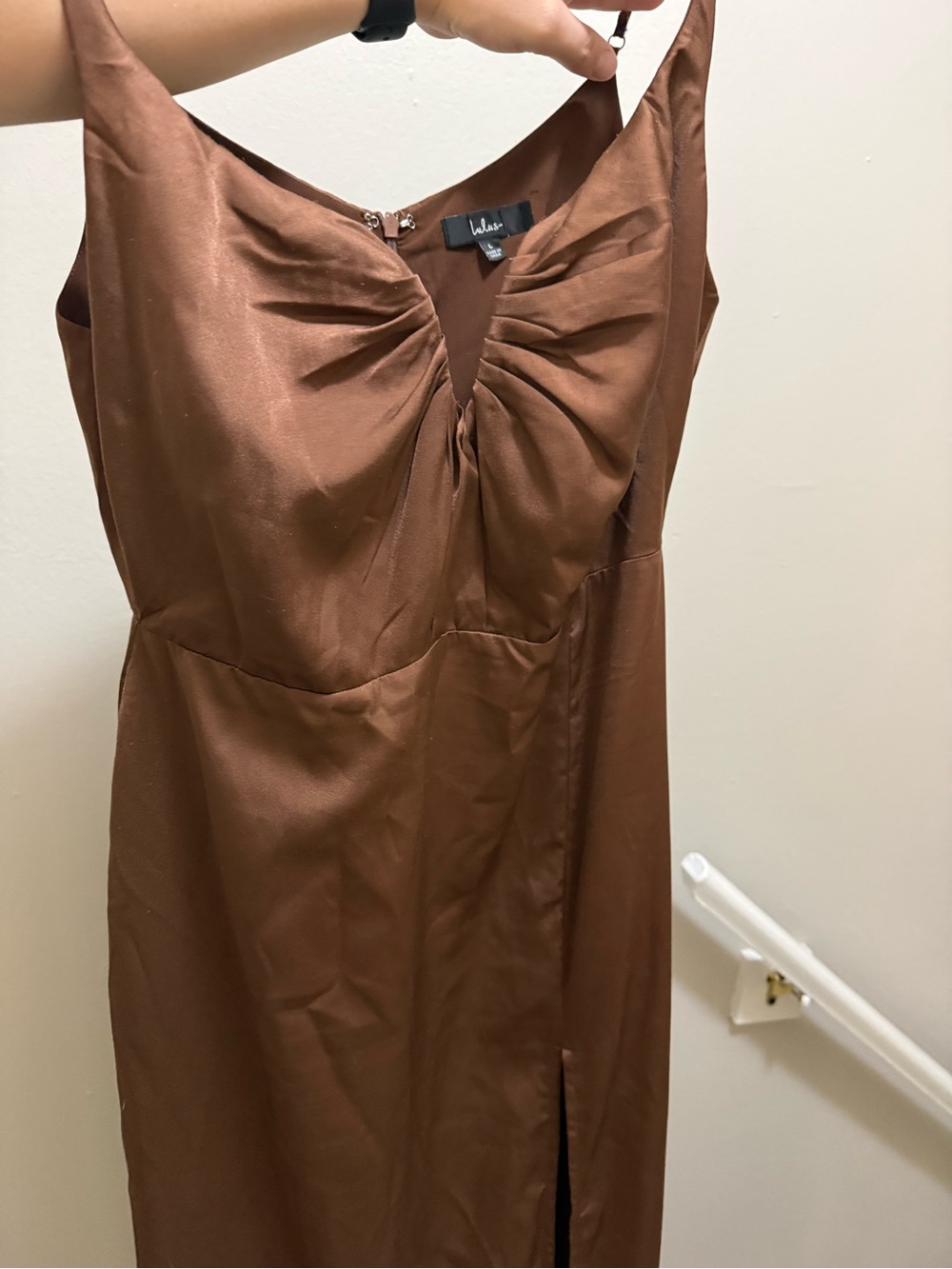 Lulu's Copper-Brown Satin Midi Dress with Front Twist